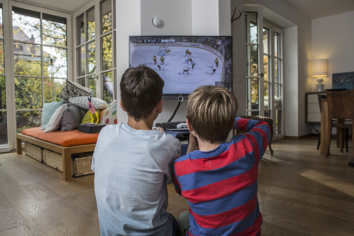 Deux enfants qui jouent ensemble un match de hockey sur glace à la télévision.