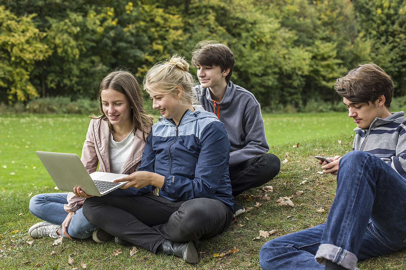 Quatre adolescents assis dans une prairie. Trois d'entre eux regardent ensemble un ordinateur portable, une personne un smartphone.